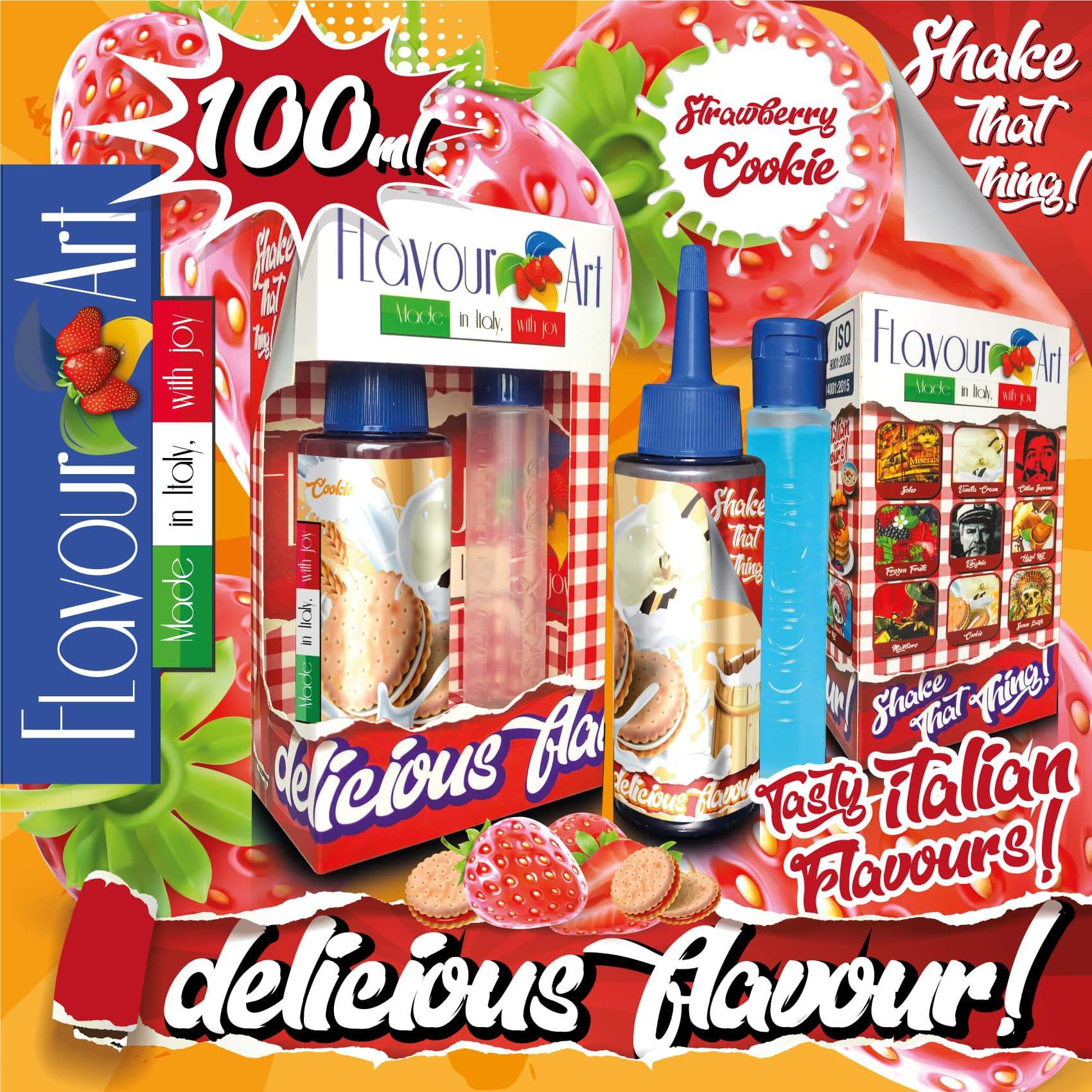 MIX & SHAKE - FLAVOURART ITALY 60/100ML - COOKIE STRAWBERRY (ΦΡΑΟΥΛΑ & ΣΠΙΤΙΚΑ ΜΠΙΣΚΟΤΑ)